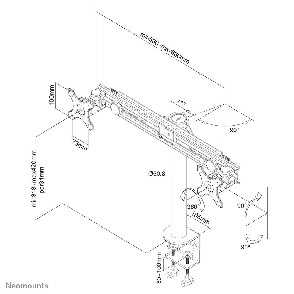 Neomounts FPMA-D700D Tilt/Turn/Rotate Dual desk monitor arm 19"-30" Black