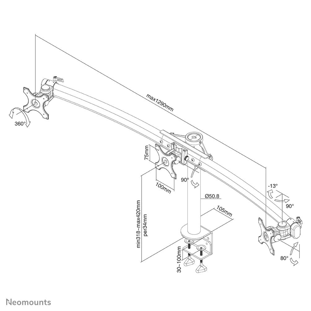 Neomounts FPMA-D700D3 Tilt/Turn/Rotate Triple desk monitor arm 10"-27" Black