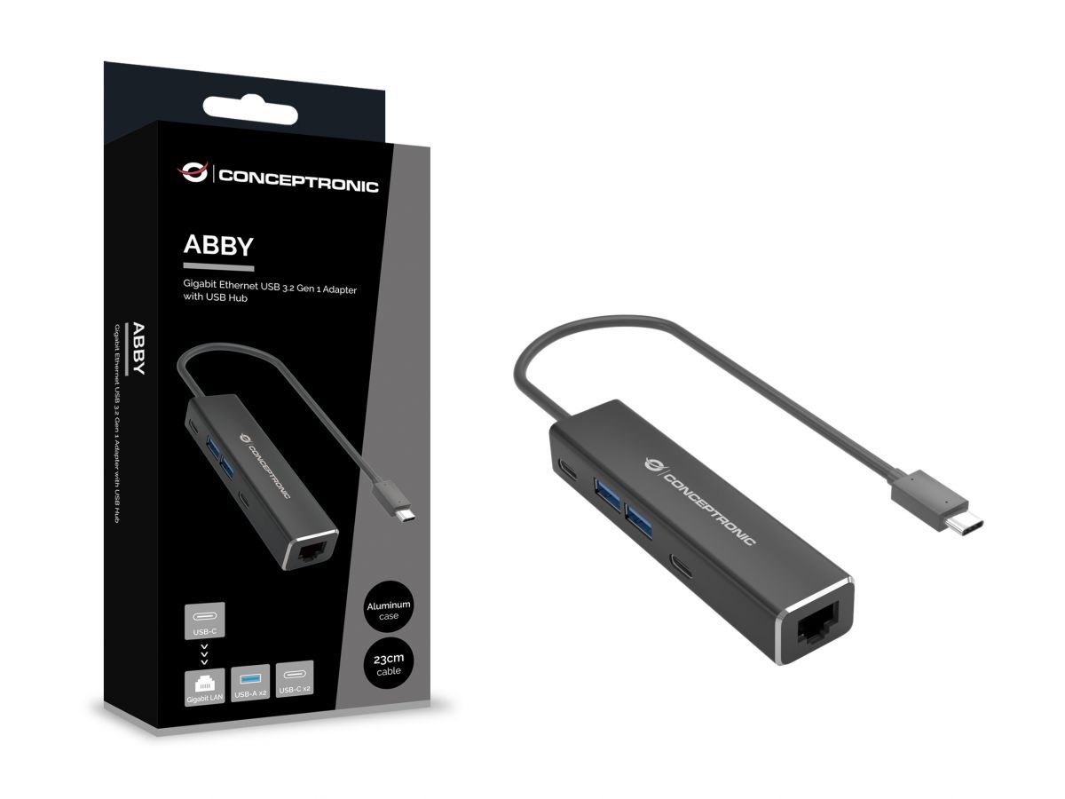 Conceptronic  ABBY14B USB 3.2 Gen 1 2.5GbE Network Adapter with 4-Port USB Hub