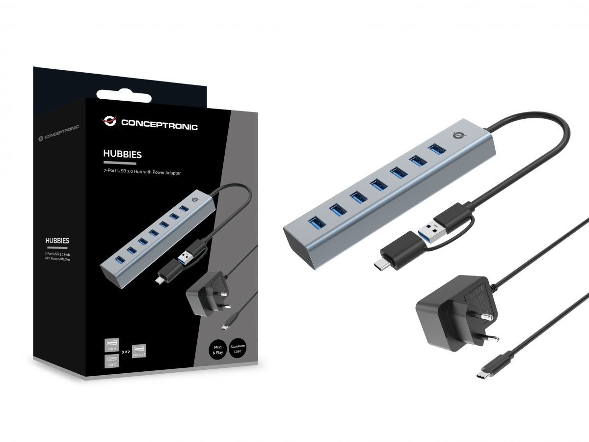 Conceptronic  HUBBIES21GP 7-Port USB 3.0 Hub with Power Adapter Grey