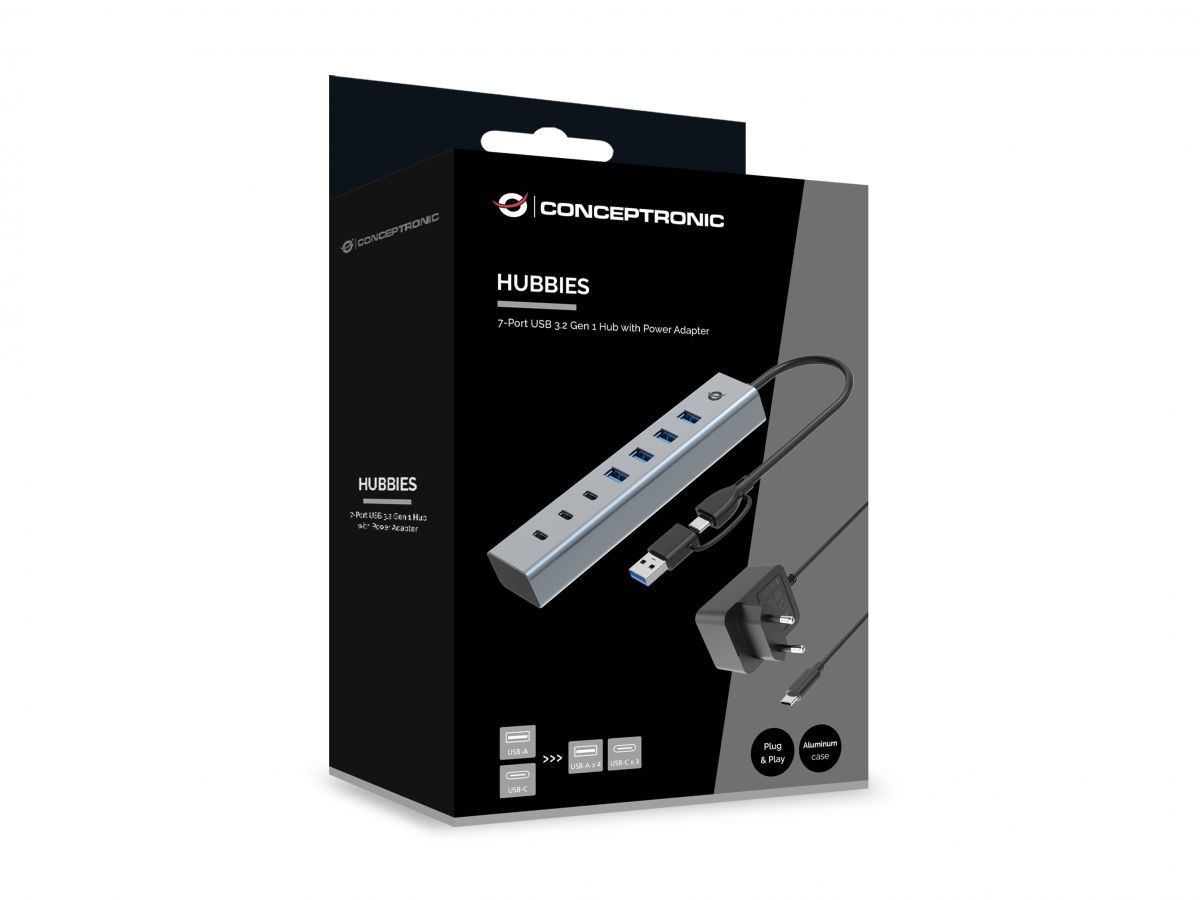 Conceptronic  HUBBIES20GP 7-Port USB 3.0 Hub with Power Adapter Grey