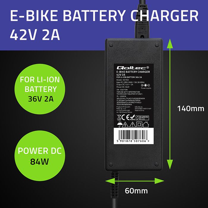 Qoltec Charger for E-bike Electric Scooter Black