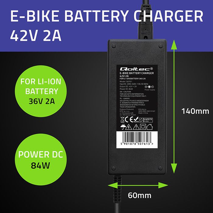 Qoltec Charger for E-bike Electric Scooter Black