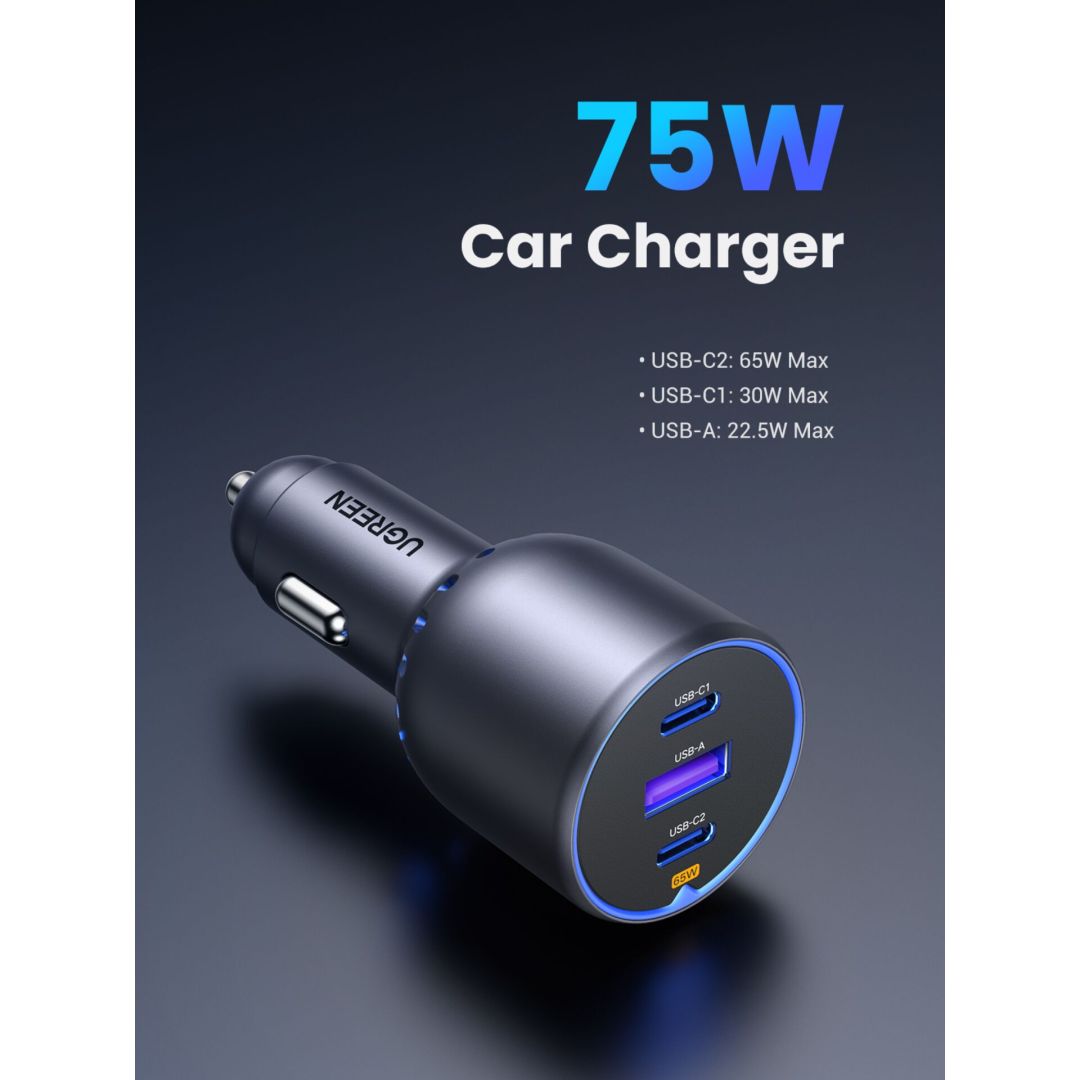 UGREEN 75W 3-Port Fast Car Charg Grey