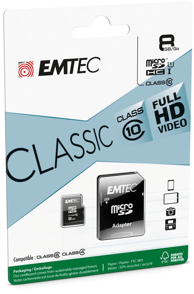 Emtec 8GB microSDHC Classic Class 10 U1 + adapterrel