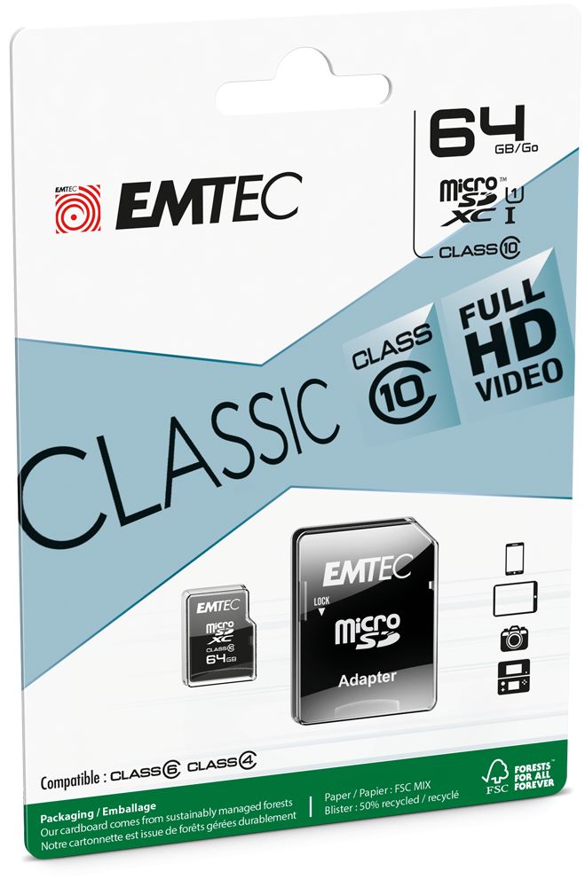 Emtec 64GB microSDXC Classic Class 10 U1 + adapterrel