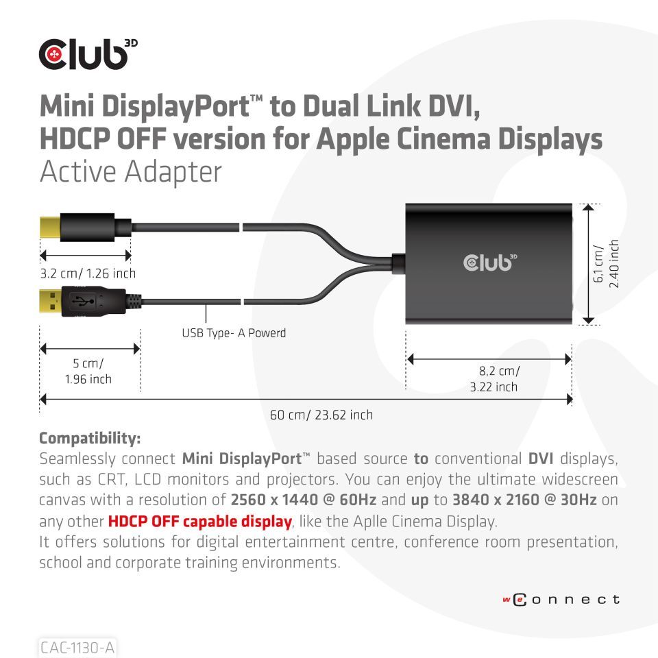 Club3D Mini DisplayPort to Dual Link DVI, HDCP OFF version for Apple Cinema Displays Active Adapter