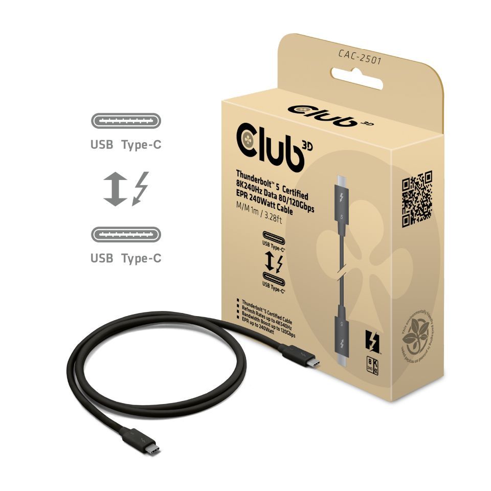 Club3D Thunderbolt 5 Certified 8K240Hz Data 80/120 Gbps EPR 240 Watt Cable 1m Black