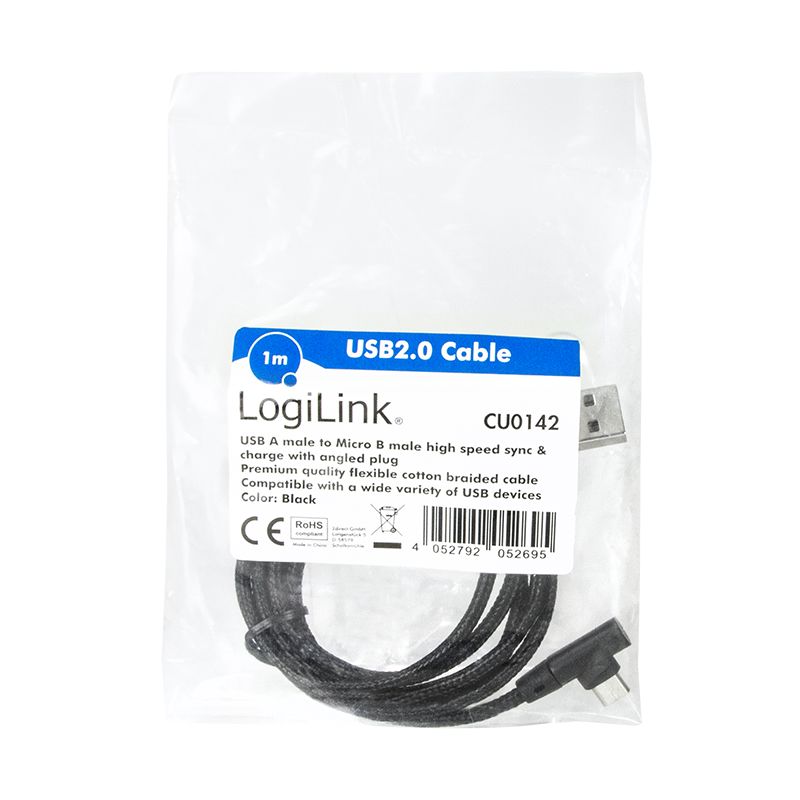 Logilink CU0142 USB 2.0 cable USB-A/M to Micro-USB/M (90°) fabric metal 1m Black