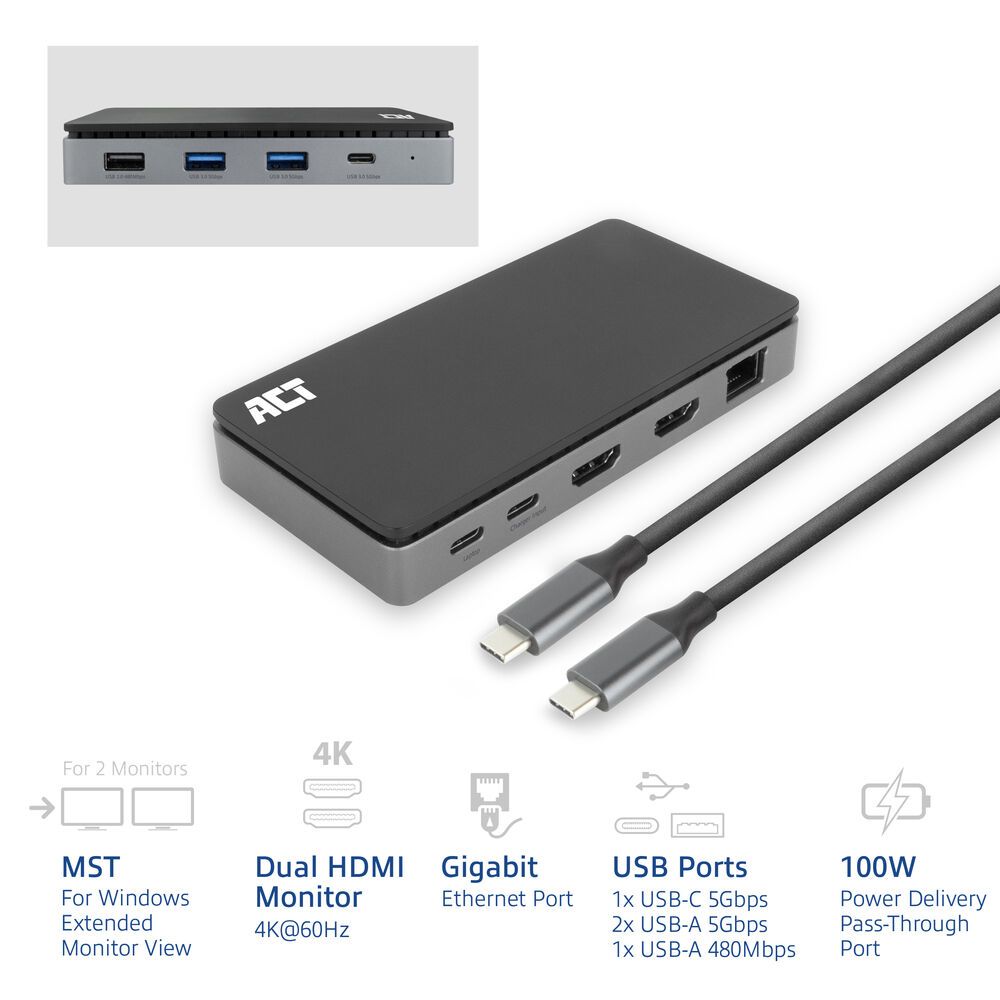 ACT AC7093 USB-C 4K MST Docking Station Silver