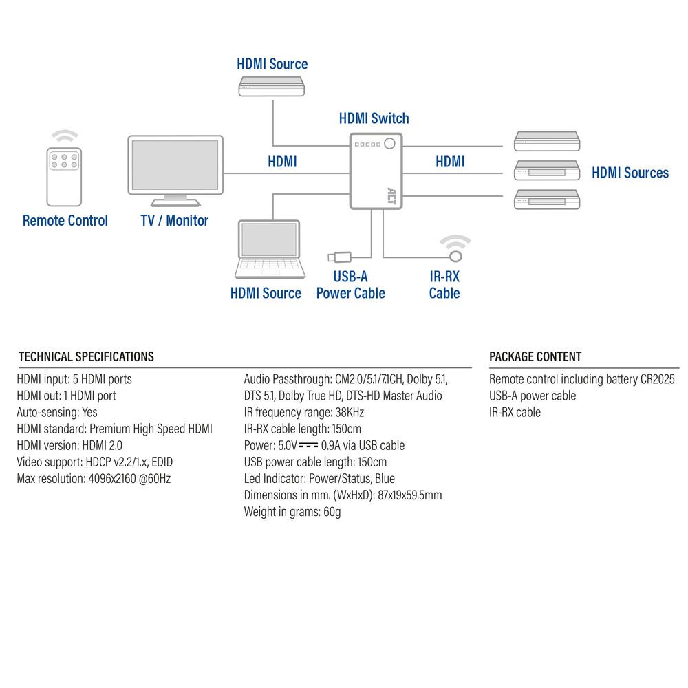 ACT AC7841 4K HDMI Switch 5 in 1 out