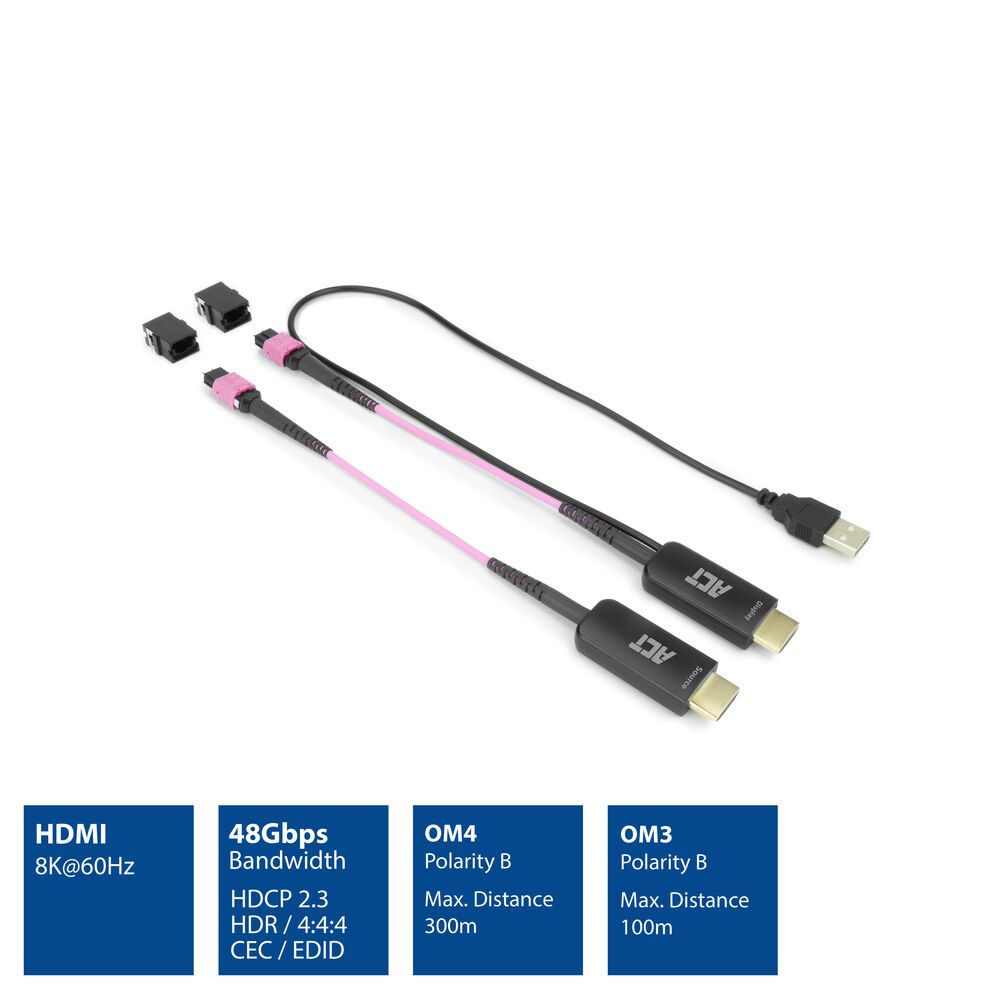 ACT HDMI to MTP/MPO adapter set to extend an HDMI connection up to 8K@60Hz Violet