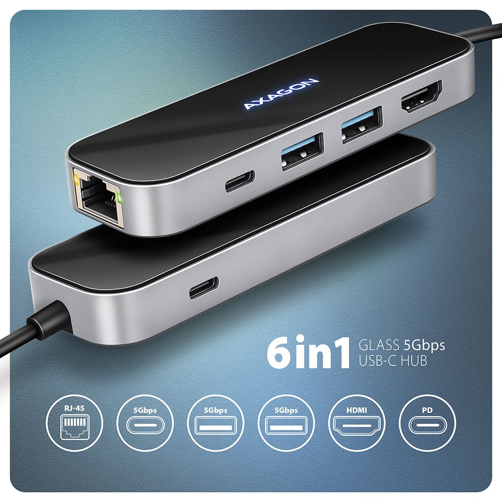 AXAGON HMC-6GLN USB-C 5Gbps Glass 6in1 hub Black