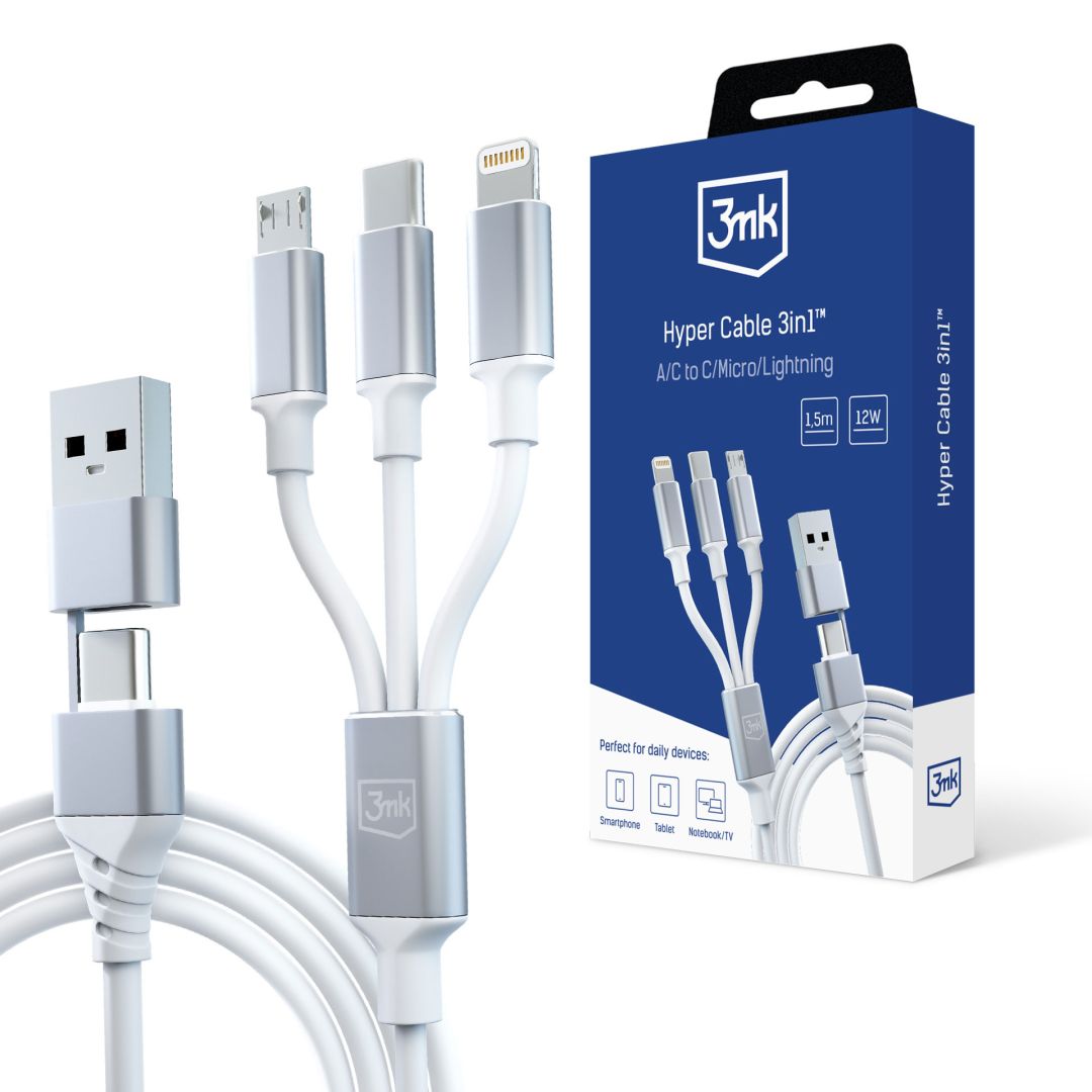 3mk Hyper 3in1 A/C - C/Micro/Lightning cable 1,5m White