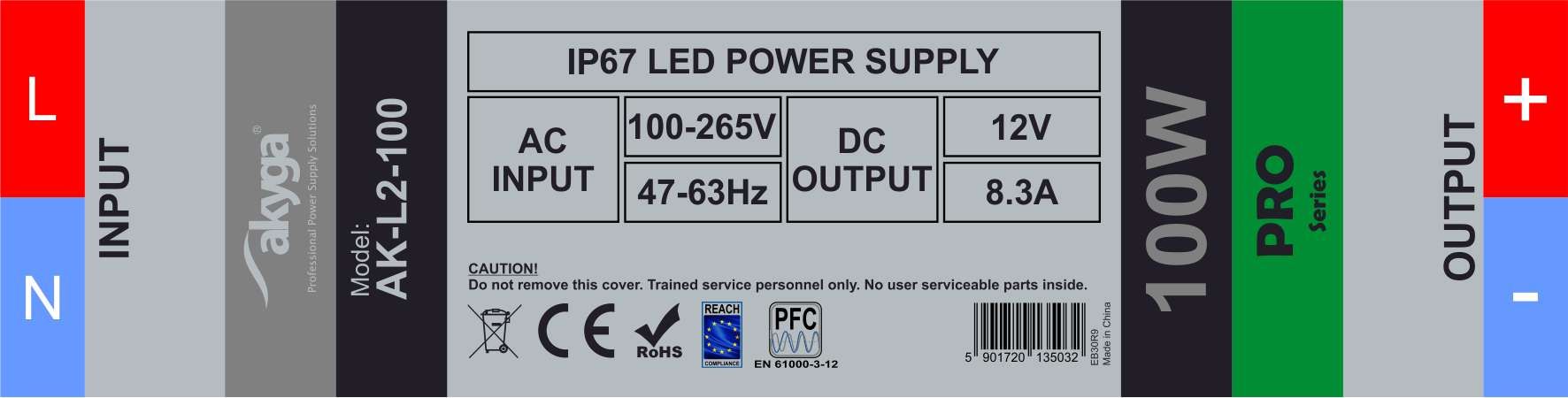 Akyga AK-L2-100 Hermetic LED IP67 power supply 12V/100W